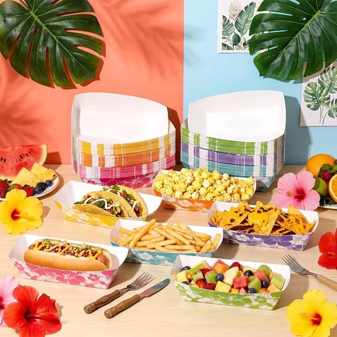 Nitial 120 صواني حفلات الكركديه الورقية هوت دوج للاستعمال مرة واحدة من Luau Party Food Nacho Boats هاواي هوت دوج حاملات ديكورات 7 بوصات صينية هاواي لمستلزمات الكركديه الاستوائية in Kuwait