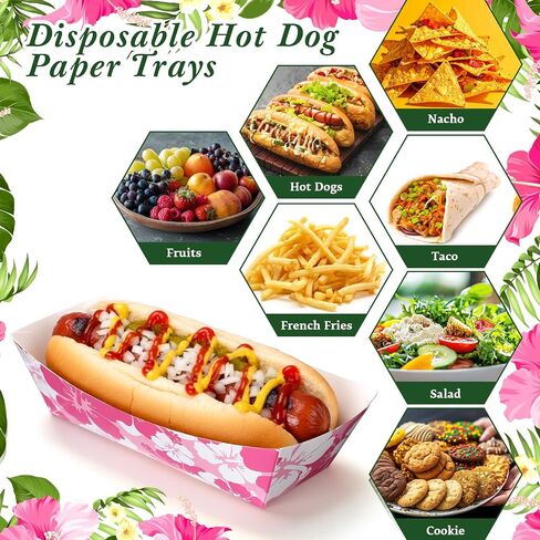 Nitial 120 صواني حفلات الكركديه الورقية هوت دوج للاستعمال مرة واحدة من Luau Party Food Nacho Boats هاواي هوت دوج حاملات ديكورات 7 بوصات صينية هاواي لمستلزمات الكركديه الاستوائية in Kuwait
