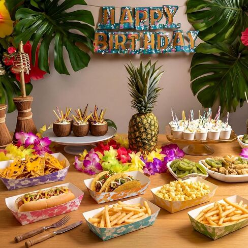 Nitial 120 صواني حفلات الكركديه الورقية هوت دوج للاستعمال مرة واحدة من Luau Party Food Nacho Boats هاواي هوت دوج حاملات ديكورات 7 بوصات صينية هاواي لمستلزمات الكركديه الاستوائية in Kuwait
