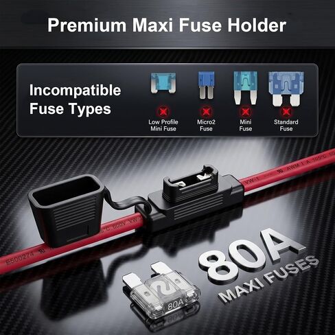 حامل الصمامات المضمن 6 AWG يناسب سلك المكونات Maxi Fuse المعترف به من UL | مع صمامات شديدة التحمل 80 أمبير تناسب الحجم الكبير لصوت السيارة، والروافع البحرية، والسيارات، ومحولات RV، ووحدة التحكم بالطاقة الشمسية، عبوتان in Kuwait