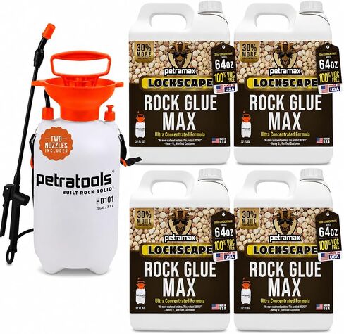 مجموعة PetraMax Rock Glue للمناظر الطبيعية - 32 أونصة (4 عبوات) غراء الصخور + بخاخ مضخة Petratools HD101 سعة 1 جالون، ومثبت الحصى للأحجار المزخرفة والحصى والممرات والصخور الطبيعية in Kuwait