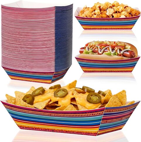 Yinkin 100 Pcs Mexican Paper Food Trays, 2lb Colorful Serape Stripe Disposable Snack Boats for Nachos, Popcorn, Fries, Taco Nights, Cinco De Mayo, Fiesta Carnival & Birthday Party Supplies in Kuwait