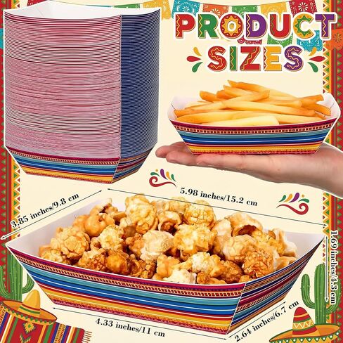 Yinkin 100 Pcs Mexican Paper Food Trays, 2lb Colorful Serape Stripe Disposable Snack Boats for Nachos, Popcorn, Fries, Taco Nights, Cinco De Mayo, Fiesta Carnival & Birthday Party Supplies in Kuwait