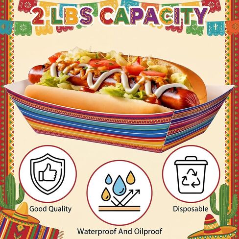 Yinkin 100 Pcs Mexican Paper Food Trays, 2lb Colorful Serape Stripe Disposable Snack Boats for Nachos, Popcorn, Fries, Taco Nights, Cinco De Mayo, Fiesta Carnival & Birthday Party Supplies in Kuwait