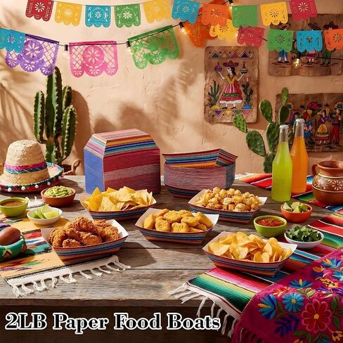 Yinkin 100 Pcs Mexican Paper Food Trays, 2lb Colorful Serape Stripe Disposable Snack Boats for Nachos, Popcorn, Fries, Taco Nights, Cinco De Mayo, Fiesta Carnival & Birthday Party Supplies in Kuwait