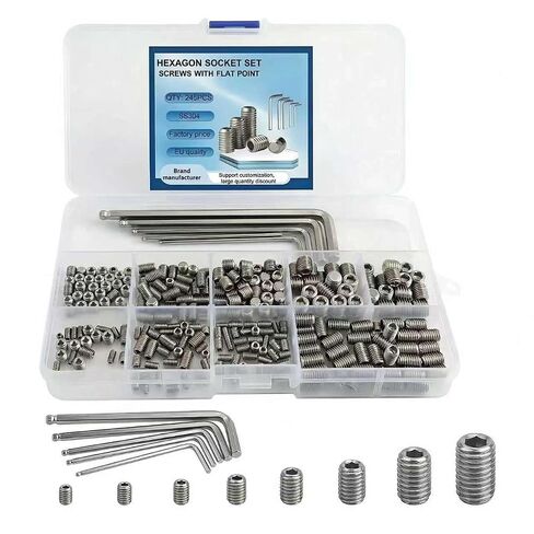 240Pcs Flat Point Set Screw Assortment Kit, 304 Stainless Steel Hexagon Socket Grub Screws with 5 Hex Wrenches, M3 M4 M5 M6 M8 Metric Internal Hex Drive Headless Screws for Door Knobs in Kuwait