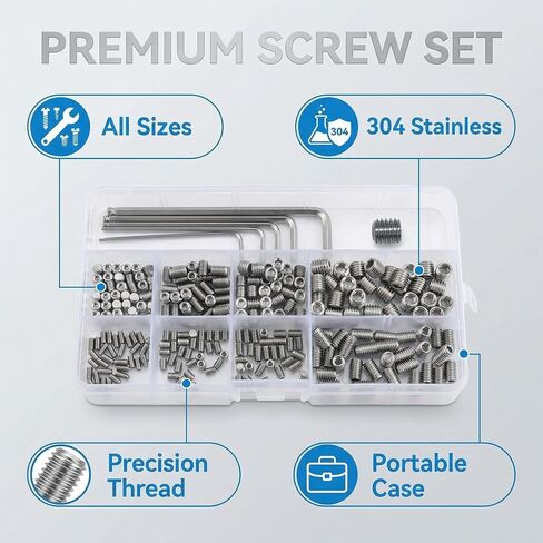 240Pcs Flat Point Set Screw Assortment Kit, 304 Stainless Steel Hexagon Socket Grub Screws with 5 Hex Wrenches, M3 M4 M5 M6 M8 Metric Internal Hex Drive Headless Screws for Door Knobs in Kuwait