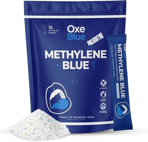 Oxe Blue - Methylene Blue - Cognitive Fuel Fast-Dissolving Stick Packs, Citicoline L-Theanine, On-The-Go, No Water Needed - 16 Sticks, 1 Pack in Kuwait