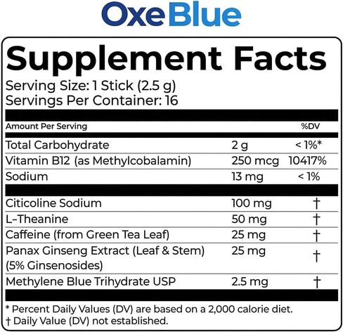 Oxe Blue - Methylene Blue - Cognitive Fuel Fast-Dissolving Stick Packs, Citicoline L-Theanine, On-The-Go, No Water Needed - 16 Sticks, 1 Pack in Kuwait