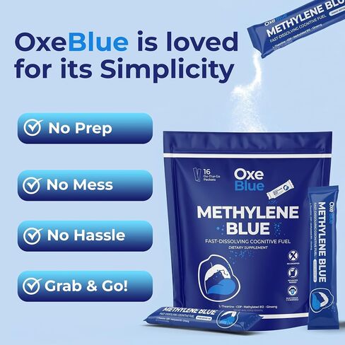 Oxe Blue - Methylene Blue - Cognitive Fuel Fast-Dissolving Stick Packs, Citicoline L-Theanine, On-The-Go, No Water Needed - 16 Sticks, 1 Pack in Kuwait