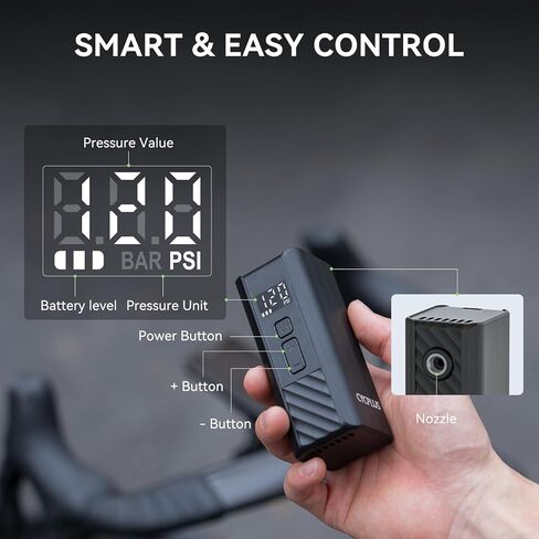 مضخة دراجة كهربائية صغيرة CYCPLUS A3، مضخة هواء كهربائية 120 رطل لكل بوصة مربعة مع صمام بريستا وشرايدر، مضخة إطارات ذات إغلاق تلقائي لدراجات الطرق، MTB، الدراجات الإلكترونية والدراجات النارية in Kuwait