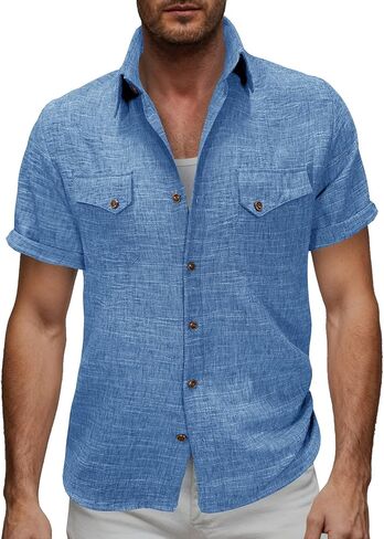 Linen Shirts for Men Beach Vacation Short Sleeve Casual Cotton Tops Button Down Collar Shirt Summer Fashion Clothes in Kuwait
