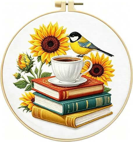 Zhenqing Sunflower Bird & Books Embroidery Kit for Beginners - Complete Set with Pre-Printed 29x29cm Cotton Fabric, Hoop, Threads & Tools(C0112) in Saudi Arabia