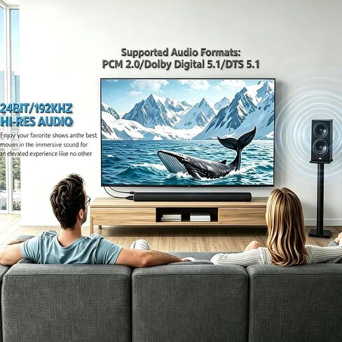 eSynic Professional 192KHZ eARC إلى محول الصوت البصري - تصميم كابل مدمج بطول 6.6 قدم - مستخرج صوت ARC - التوصيل والتشغيل - تنسيقات Dolby5.1 وDTS 5.1 - من منافذ HDTV ARC/eARC إلى مكبرات الصوت الضوئية in Kuwait