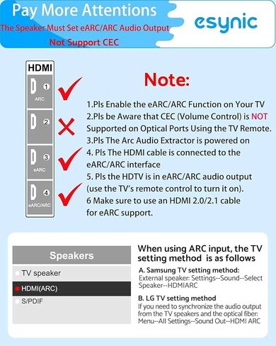 eSynic Professional 192KHZ eARC إلى محول الصوت البصري - تصميم كابل مدمج بطول 6.6 قدم - مستخرج صوت ARC - التوصيل والتشغيل - تنسيقات Dolby5.1 وDTS 5.1 - من منافذ HDTV ARC/eARC إلى مكبرات الصوت الضوئية in Kuwait