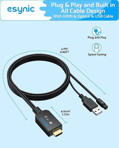 eSynic Professional 192KHZ eARC إلى محول الصوت البصري - تصميم كابل مدمج بطول 6.6 قدم - مستخرج صوت ARC - التوصيل والتشغيل - تنسيقات Dolby5.1 وDTS 5.1 - من منافذ HDTV ARC/eARC إلى مكبرات الصوت الضوئية in Kuwait