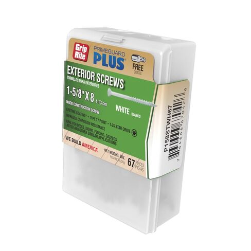 براغي Grip-Rite PrimeGuard Plus المتميزة للمشاريع الخارجية - رأس بوق - محرك نجمة T-25 - براغي خشبية ذات خيط خشن - 8 × 1-5/8 بوصة - صندوق عدد 67 - أبيض - P158STWH67 in Kuwait