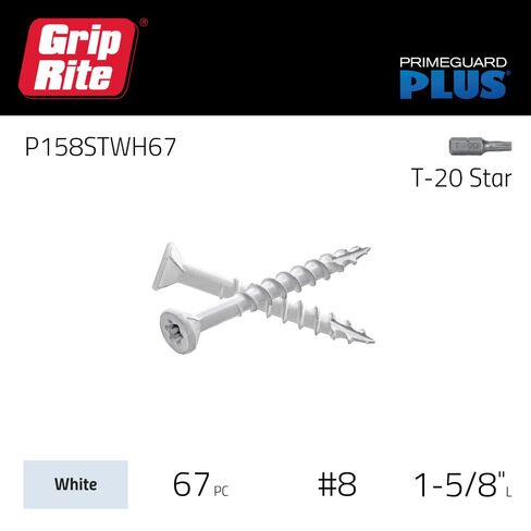 براغي Grip-Rite PrimeGuard Plus المتميزة للمشاريع الخارجية - رأس بوق - محرك نجمة T-25 - براغي خشبية ذات خيط خشن - 8 × 1-5/8 بوصة - صندوق عدد 67 - أبيض - P158STWH67 in Kuwait