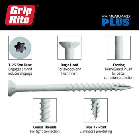 براغي Grip-Rite PrimeGuard Plus المتميزة للمشاريع الخارجية - رأس بوق - محرك نجمة T-25 - براغي خشبية ذات خيط خشن - 8 × 1-5/8 بوصة - صندوق عدد 67 - أبيض - P158STWH67 in Kuwait