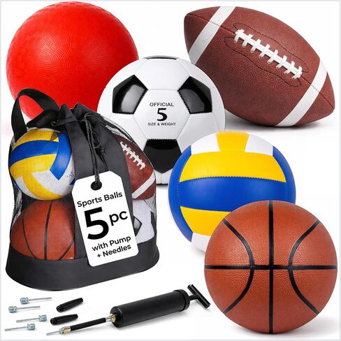 5 Pcs Sport Balls Set Official Size Athletic Balls Include Soccer, Football, Basketball, Volleyball, Playground Ball, Kickball Set, Ball Pump for Indoor Outdoor Game Youth Adult in Kuwait