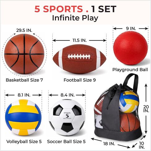 5 Pcs Sport Balls Set Official Size Athletic Balls Include Soccer, Football, Basketball, Volleyball, Playground Ball, Kickball Set, Ball Pump for Indoor Outdoor Game Youth Adult in Kuwait