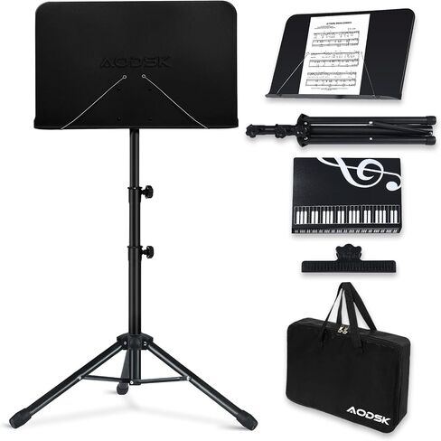 AODSK 5 in 1 Dual-Use Folding Sheet Music Stand & Desktop Book Stand, Adjustable Height Portable Music Stand with Carrying Bag, Sheet Music Clip & Book, for Home School Band, Black in Kuwait