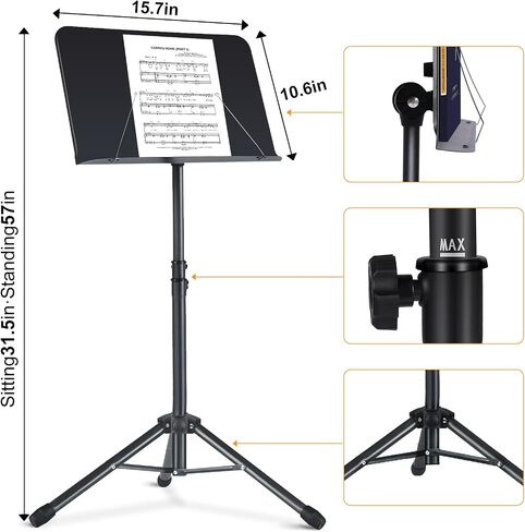 AODSK 5 in 1 Dual-Use Folding Sheet Music Stand & Desktop Book Stand, Adjustable Height Portable Music Stand with Carrying Bag, Sheet Music Clip & Book, for Home School Band, Black in Kuwait