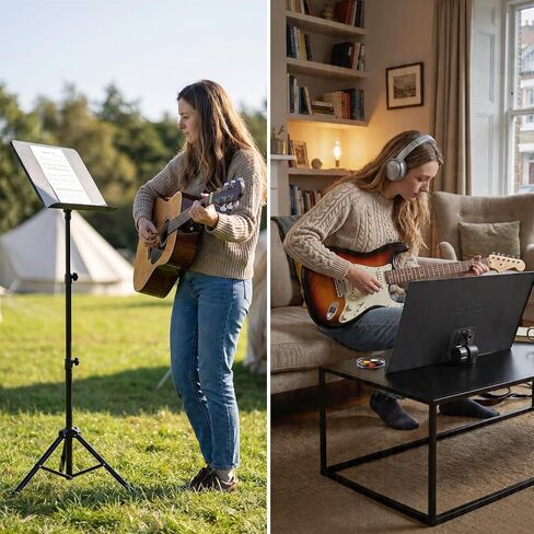 AODSK 5 in 1 Dual-Use Folding Sheet Music Stand & Desktop Book Stand, Adjustable Height Portable Music Stand with Carrying Bag, Sheet Music Clip & Book, for Home School Band, Black in Kuwait