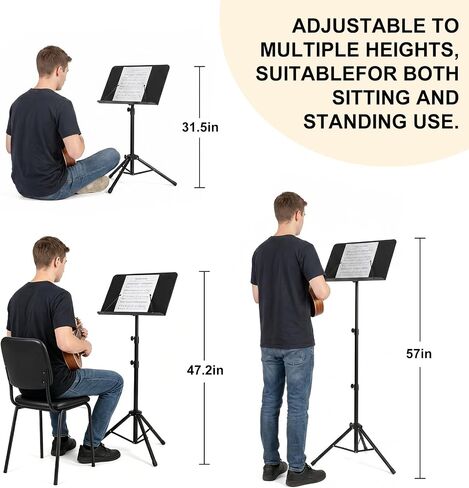 AODSK 5 in 1 Dual-Use Folding Sheet Music Stand & Desktop Book Stand, Adjustable Height Portable Music Stand with Carrying Bag, Sheet Music Clip & Book, for Home School Band, Black in Kuwait