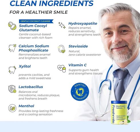 أقراص سفر غسول الفم للمدخنين-الفلورايد والكحول ، و Xylitol & nano-hydroxyapatite (NHA) لعلاج التنفس السيئ والتبييض الطبيعي ، نكهة النعناع (60 عدد) in Kuwait