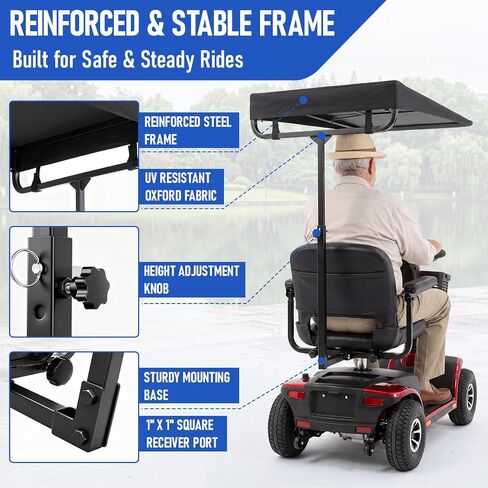 Sunshade Canopy for Mobility Scooters, 39" x 27" Scooter Sun Shade Umbrella for Elderly Users, Universal Fit for 1" x 1" Square Accessory Port, Tool-Free Outdoor Sun & Rain Protection in Kuwait