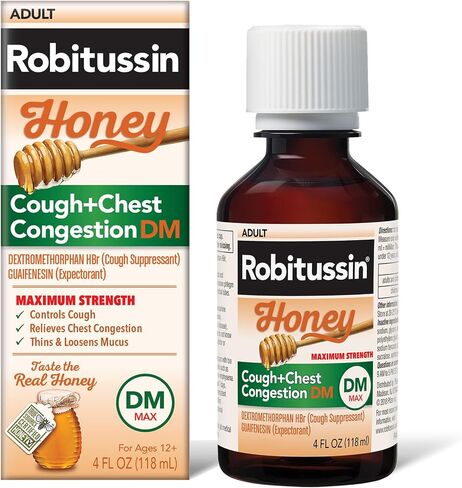 Robitussin الحد الأقصى للقوة السعال العسل بالإضافة إلى احتقان الصدر DM ، دواء السعال لسعال السعال والازدحام الصدر المصنوع من العسل الحقيقي للنكهة - 8 أوقية × 2 in Kuwait