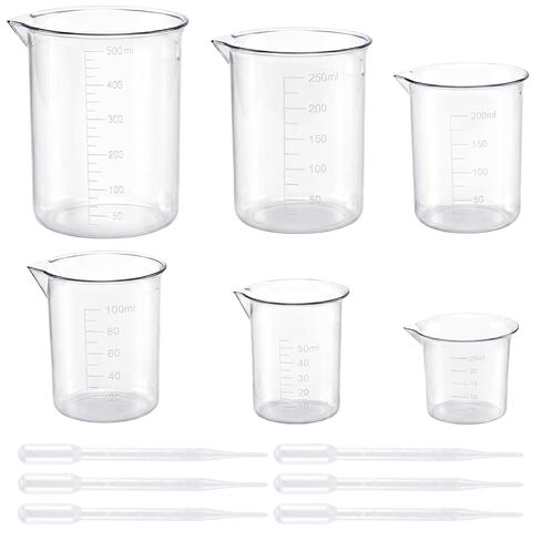 Plastic Beaker Set, 6 Sizes Low Form Measuring Graduated Polypropylene Beakers in 500 ml, 250 ml, 200 ml, 100 ml, 50 ml, 25 ml for Laboratories, Classrooms or Home Use with 6 Plastic Droppers in 3 ml in Kuwait