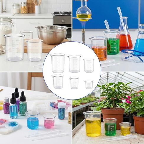 Plastic Beaker Set, 6 Sizes Low Form Measuring Graduated Polypropylene Beakers in 500 ml, 250 ml, 200 ml, 100 ml, 50 ml, 25 ml for Laboratories, Classrooms or Home Use with 6 Plastic Droppers in 3 ml in Kuwait