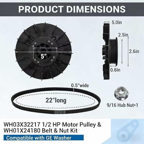 بكرة محرك WH03X32217 1/2 HP مع صامولة وحزام محرك WH01X24180 متوافق مع قطعة استبدال غسالة GE WH07X24182، WH49X25377، 4975025، 4455970 AP7018598، PS16554753 in Kuwait