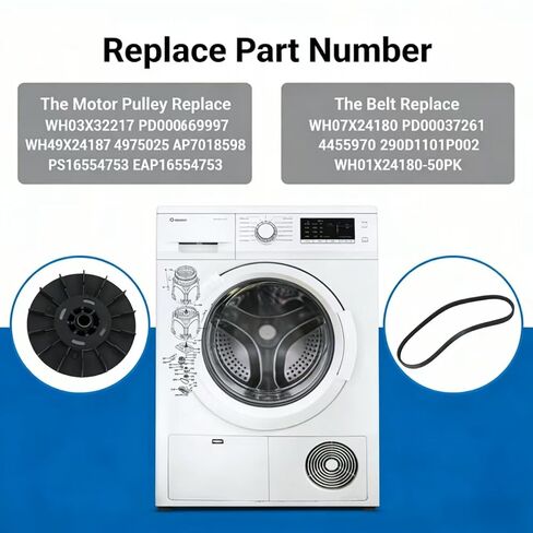 بكرة محرك WH03X32217 1/2 HP مع صامولة وحزام محرك WH01X24180 متوافق مع قطعة استبدال غسالة GE WH07X24182، WH49X25377، 4975025، 4455970 AP7018598، PS16554753 in Kuwait
