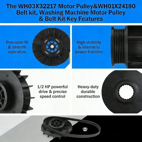 بكرة محرك WH03X32217 1/2 HP مع صامولة وحزام محرك WH01X24180 متوافق مع قطعة استبدال غسالة GE WH07X24182، WH49X25377، 4975025، 4455970 AP7018598، PS16554753 in Kuwait
