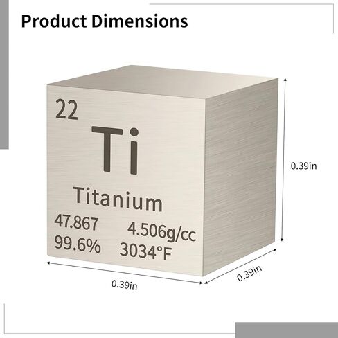 Titanium Cube, 10 mm Element Cube with Atomic Symbol Ti, 99.95% High Purity, for Science Demonstrations and Educational Displays, 1 Piece Included in Kuwait