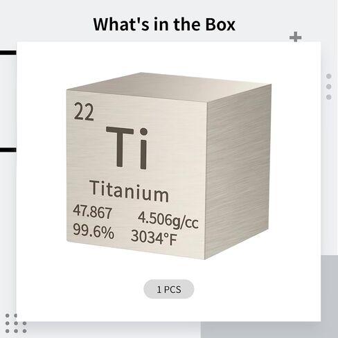 Titanium Cube, 10 mm Element Cube with Atomic Symbol Ti, 99.95% High Purity, for Science Demonstrations and Educational Displays, 1 Piece Included in Kuwait