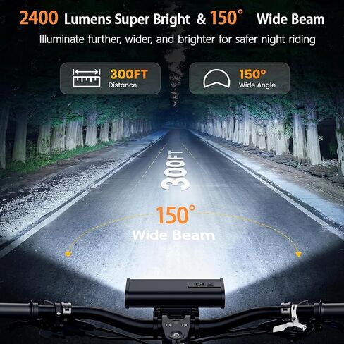 15 مصباح LED 2400 لومن للدراجة، مصابيح دراجة قابلة لإعادة الشحن USB 4800 مللي أمبير في الساعة للركوب الليلي، مصباح أمامي للدراجة بشعاع عريض 150 درجة، 4+4 أوضاع إضاءة IPX6 شريط إضاءة مقاوم للماء لدراجة Ebike Scooter MTB in Kuwait