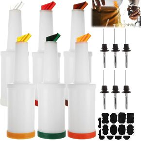 SHUESS 6 Pack Bar Juice Pour Bottles 34 oz Plastic Juices Dispensers with Stainless Bottle Pourer Tapered Spout for Bar Liquor Juicee Store (Multicolor) in Kuwait
