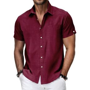 Mens Linen Tee Shirt Short Sleeve Tshirts Button Down Baggy Solid Color Comfy Casual Fashion Business Shirts in Kuwait