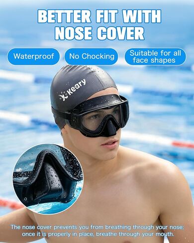 Keary Youth Adult Swimming Goggles with Nose Cover Anti-fog Pool Water Goggles with Clip in Back UV Protection Clear Vision in Kuwait