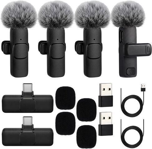 4 Pcs Professional Wireless Lavalier Microphone for Type C Phone Laptop PC K9 Dual Mics 4 Transmitter 2 Receiver Furry Windscreen USB Adapter 2/4 Person Video Mic for Vlog Interview Podcast in Kuwait