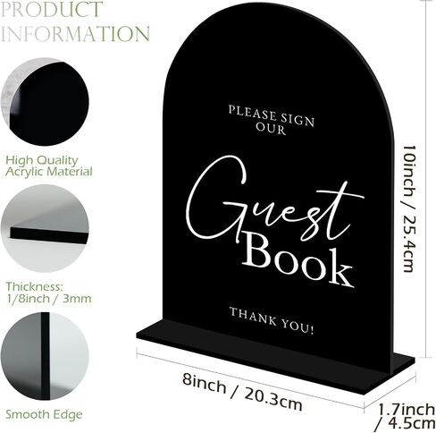 Black Arch Acrylic Guest Book Sign- 8"x10" Please Sign Our Guest Book Sign and Base,1/8" Thick | Modern Calligraphy Arched Acrylic Table Signs for Wedding & Party in Kuwait