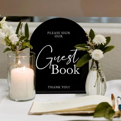 Black Arch Acrylic Guest Book Sign- 8"x10" Please Sign Our Guest Book Sign and Base,1/8" Thick | Modern Calligraphy Arched Acrylic Table Signs for Wedding & Party in Kuwait