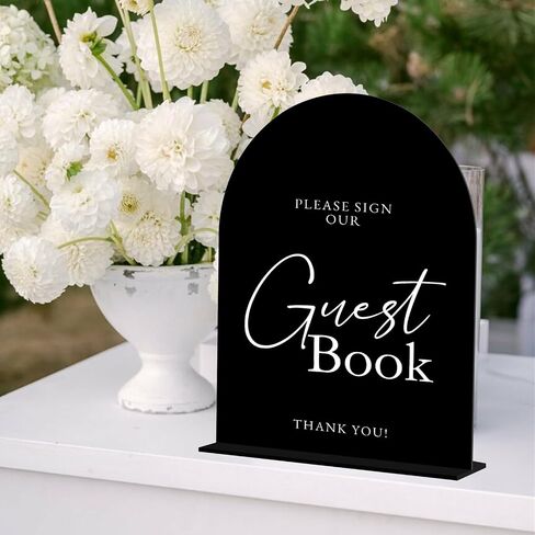 Black Arch Acrylic Guest Book Sign- 8"x10" Please Sign Our Guest Book Sign and Base,1/8" Thick | Modern Calligraphy Arched Acrylic Table Signs for Wedding & Party in Kuwait
