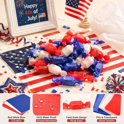300 Sheets Veteran's Day Wax Paper for Food Deli, 9.5'' x 8.3'' Patriotic Red Blue White Color Greaseproof Deli Paper for 4th of July Sandwich Picnic Basket Liner Patriotic Party Supplies in Kuwait