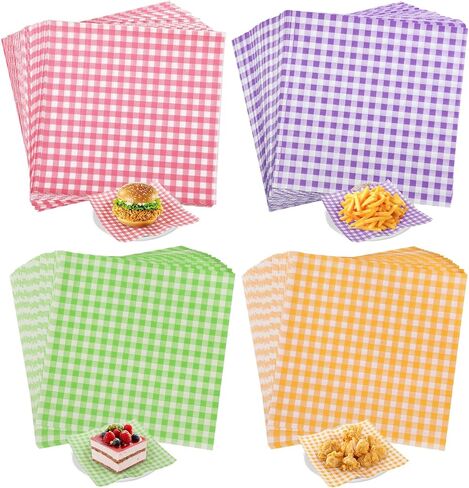 200 Pcs Waxed Deli Paper Sheets 7 x 7 Inch, Food Grade Greaseproof Sandwich Wrapping Paper, Colorful Gingham Basket Liners for Baking, Burger, Food Trays, Kitchen Picnic Party Supplies in Kuwait