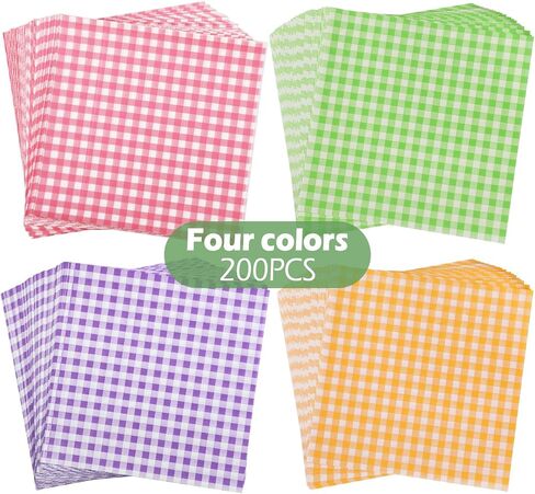 200 Pcs Waxed Deli Paper Sheets 7 x 7 Inch, Food Grade Greaseproof Sandwich Wrapping Paper, Colorful Gingham Basket Liners for Baking, Burger, Food Trays, Kitchen Picnic Party Supplies in Kuwait